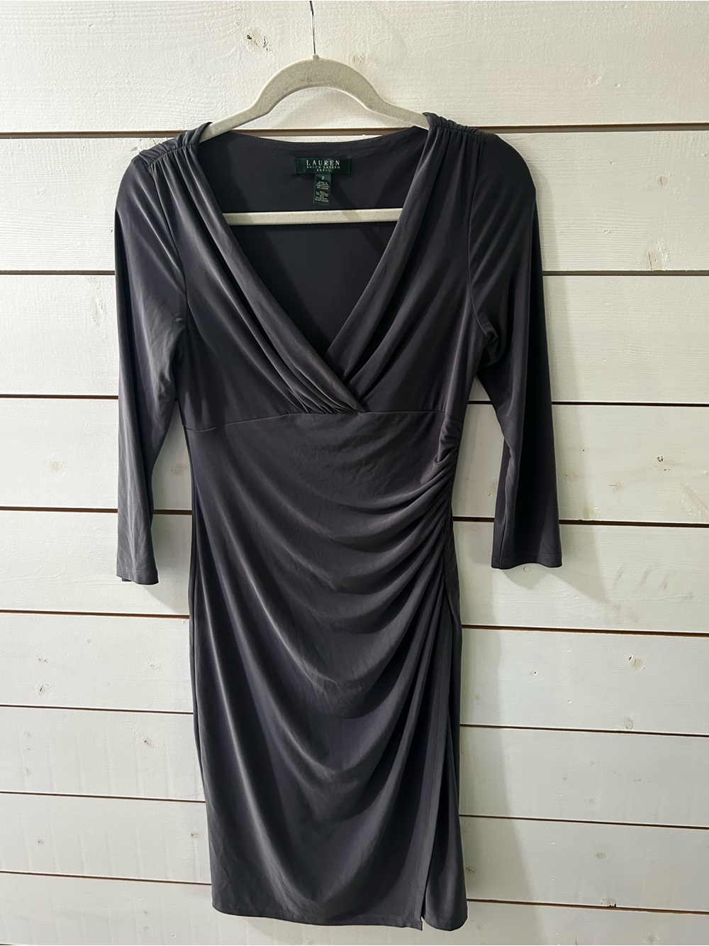 Lauren Ralph Lauren Charcoal Gray Ruched Faux-Wrap V Neck Jersey Dress Size 2